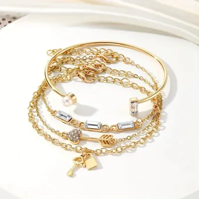 Key Pearl Arrow Heart Charm Cuff Bangle Bracelet Set